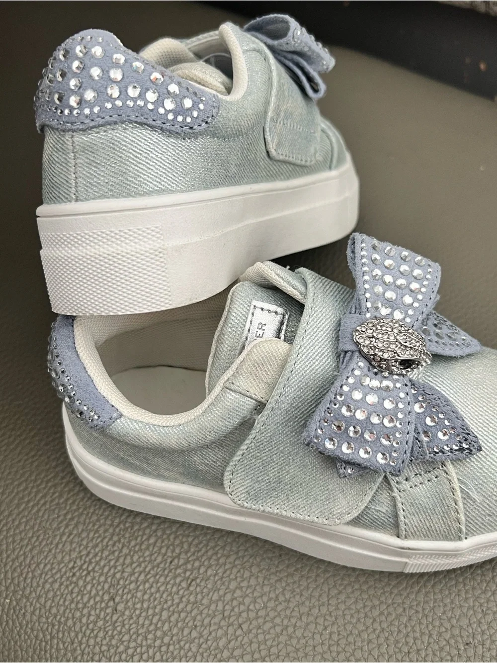 Kurt Geiger Light Blue Kids Bow Sneakers with Crystal Embellishment